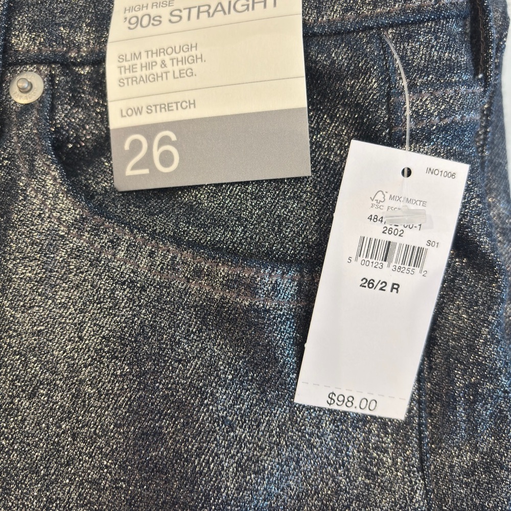 GAP NWT Stunning Metallic Silver Shine Women's 90s Straight Jeans 26R - Picture 4 of 6